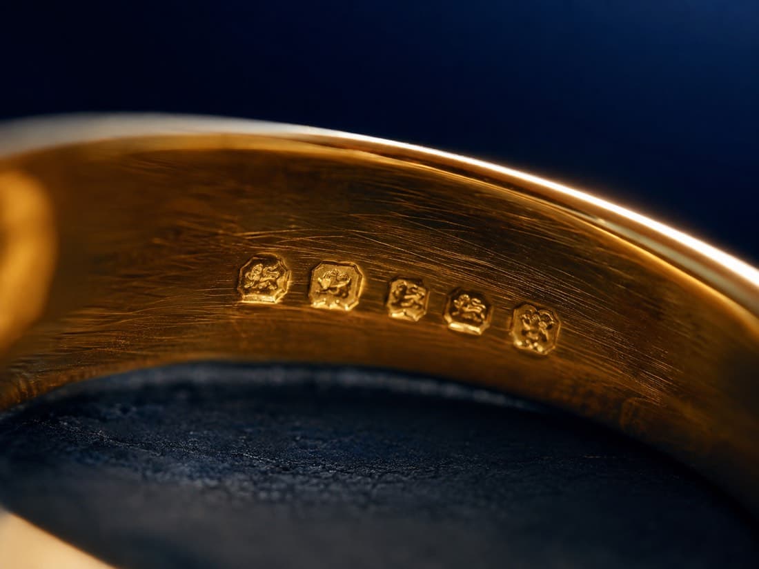 Macro photograph of struck hallmark punches on the inside of a gold band