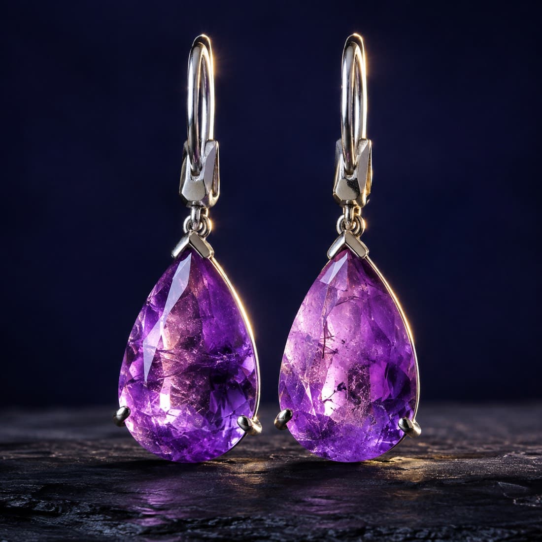 Amethyst Drop Earrings — Pear-cut amethyst drops on silver hooks, articulated at the bail.