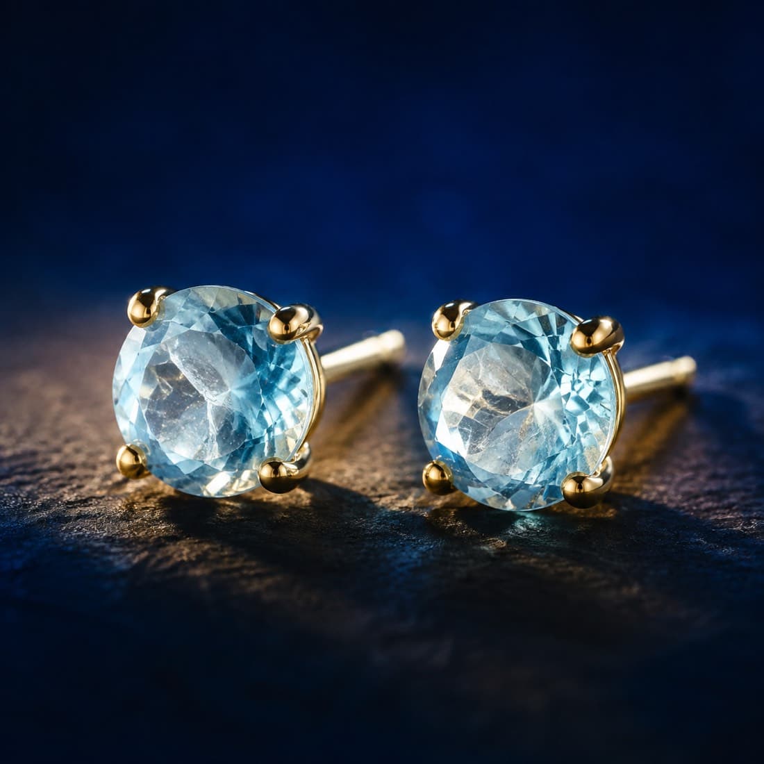 Aquamarine Stud Pair 5 mm — 9ct Gold — Round aquamarines in solid 9ct gold four-claw settings. Hallmarked.