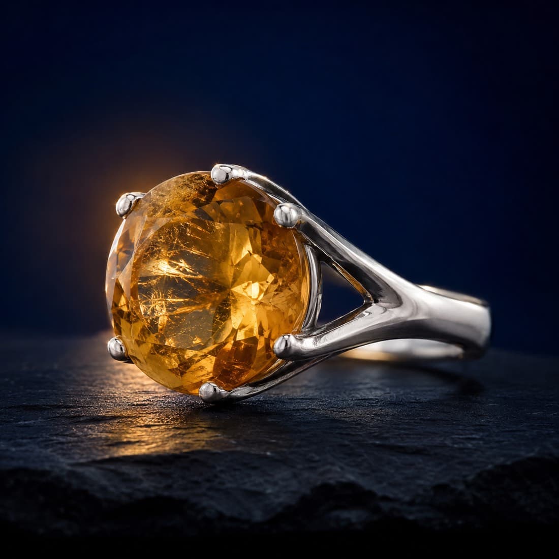 Citrine Cocktail Ring 10 mm — A 10 mm heated citrine on a tapered silver shank. Hallmarked at London.