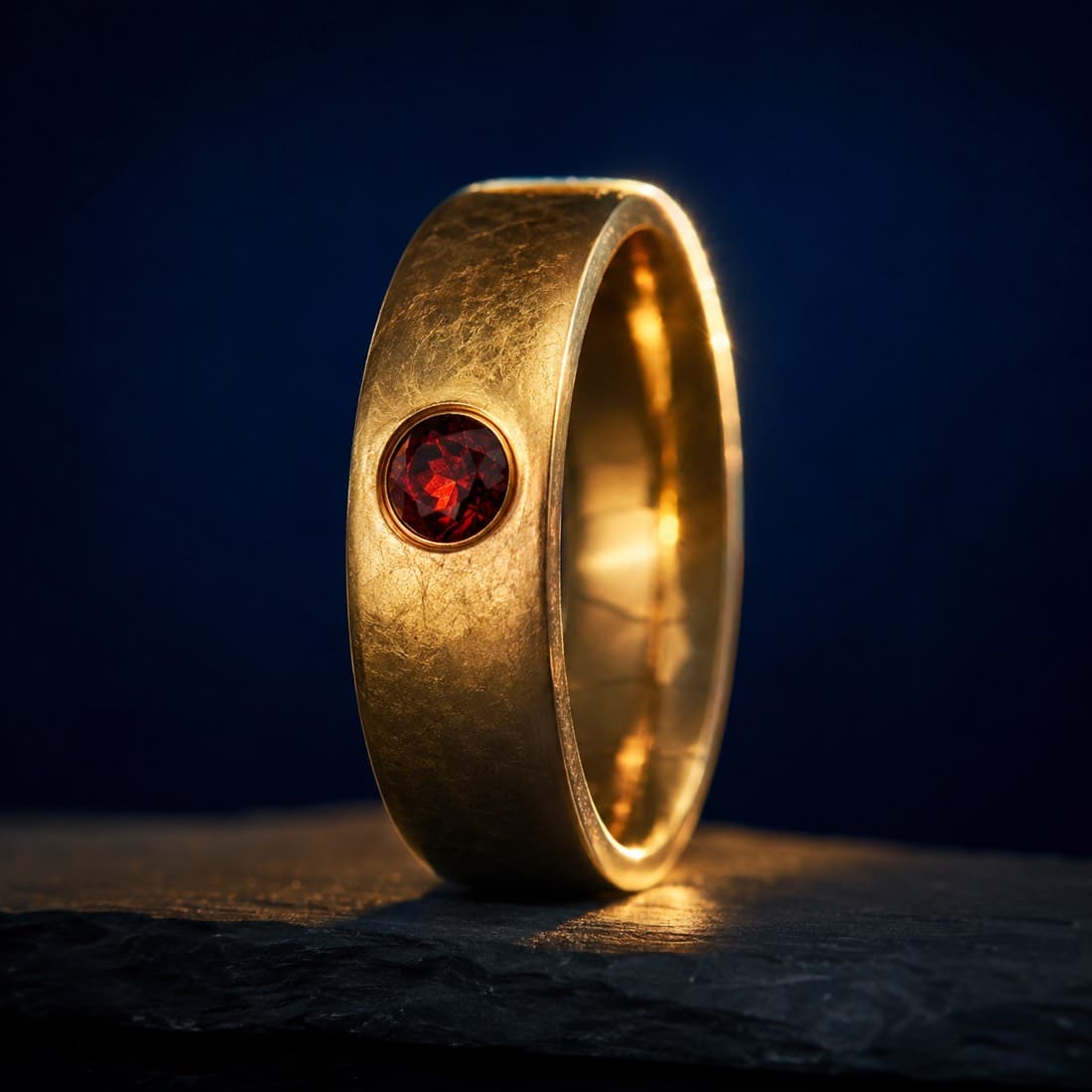 Garnet Band Ring 5 mm — 9ct Gold — Flush-set garnet in a solid 9ct yellow gold band, hallmarked at London.