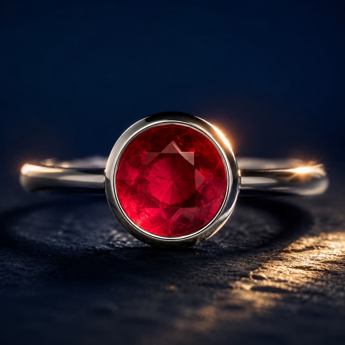 Lab-Created Ruby Ring 7 mm — Laboratory-grown ruby, 7 mm, in a silver bezel. Grown, not found.