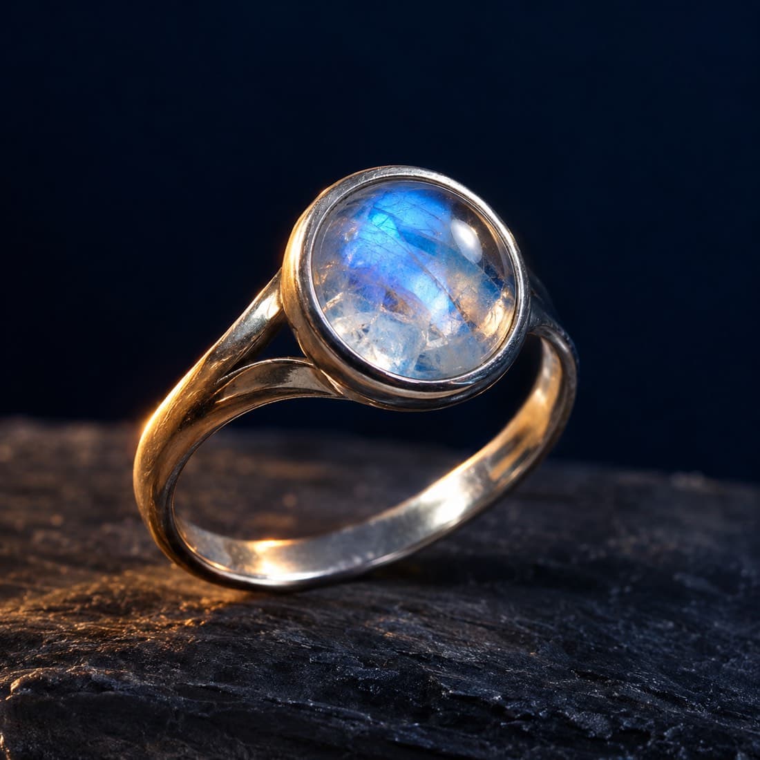 Moonstone Cabochon Ring 10 mm — A 10 mm moonstone dome in a raised silver bezel.