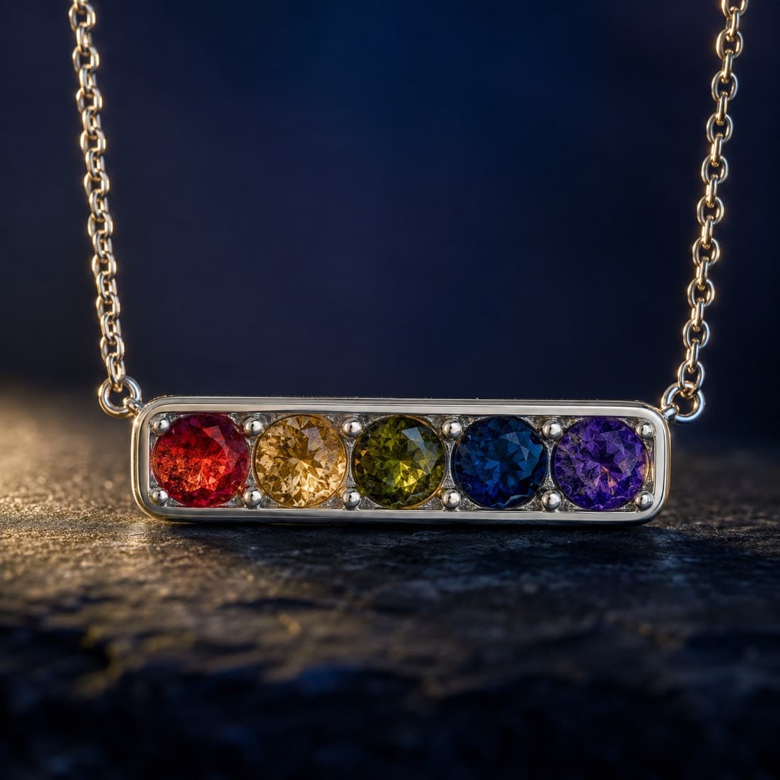 Rainbow Bar Necklace — five stones — Garnet, citrine, peridot, sapphire and amethyst in a fixed row. 1.05 ct TCW.