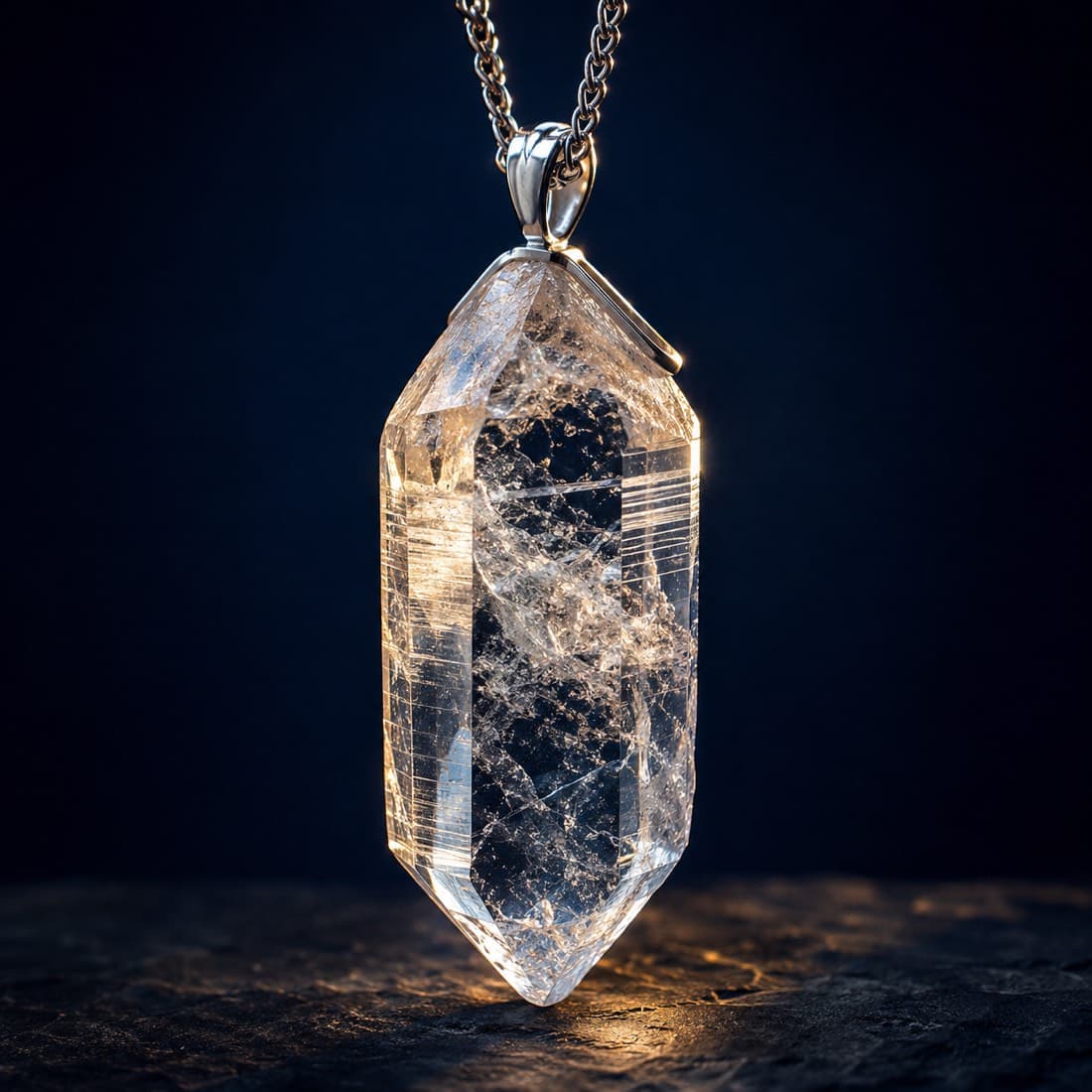 Raw Crystal Point Pendant — An untreated quartz crystal termination, capped in silver, described as a mineral specimen.