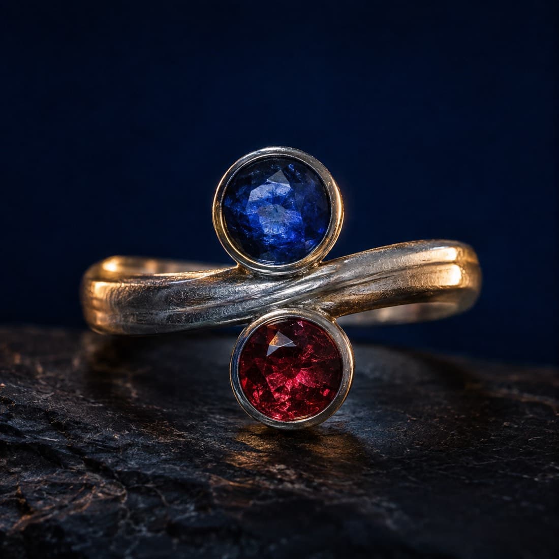 Two-Stone Toi et Moi Ring — A sapphire and a garnet facing each other across a crossover shank.